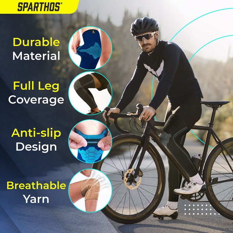 Sparthos Full Leg Compression Sleeves - Brace for Calf, Knee and Thigh, Recovery, Support Pain Relief for Sports Shin Splint Arthritis Patella MCL Acl Tendon - Anti Slip - Mens and Womens (Black-L)