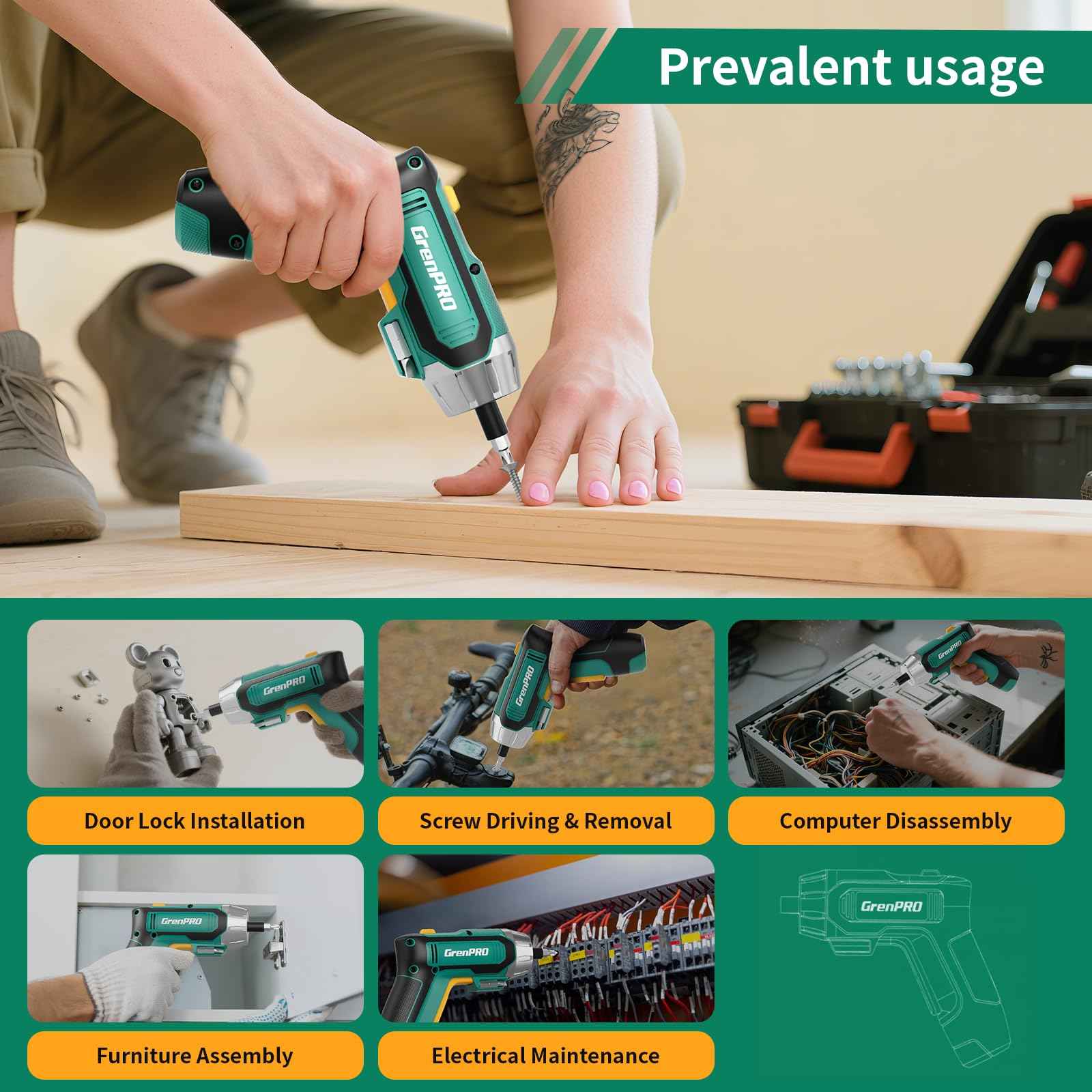 GRENPRO 4V Electric Screwdriver Rechargeable, Cordless Screwdriver 9pcs Bit with 1pc Bit Holder, USB Small Power Screwdriver Set with Bits, Green