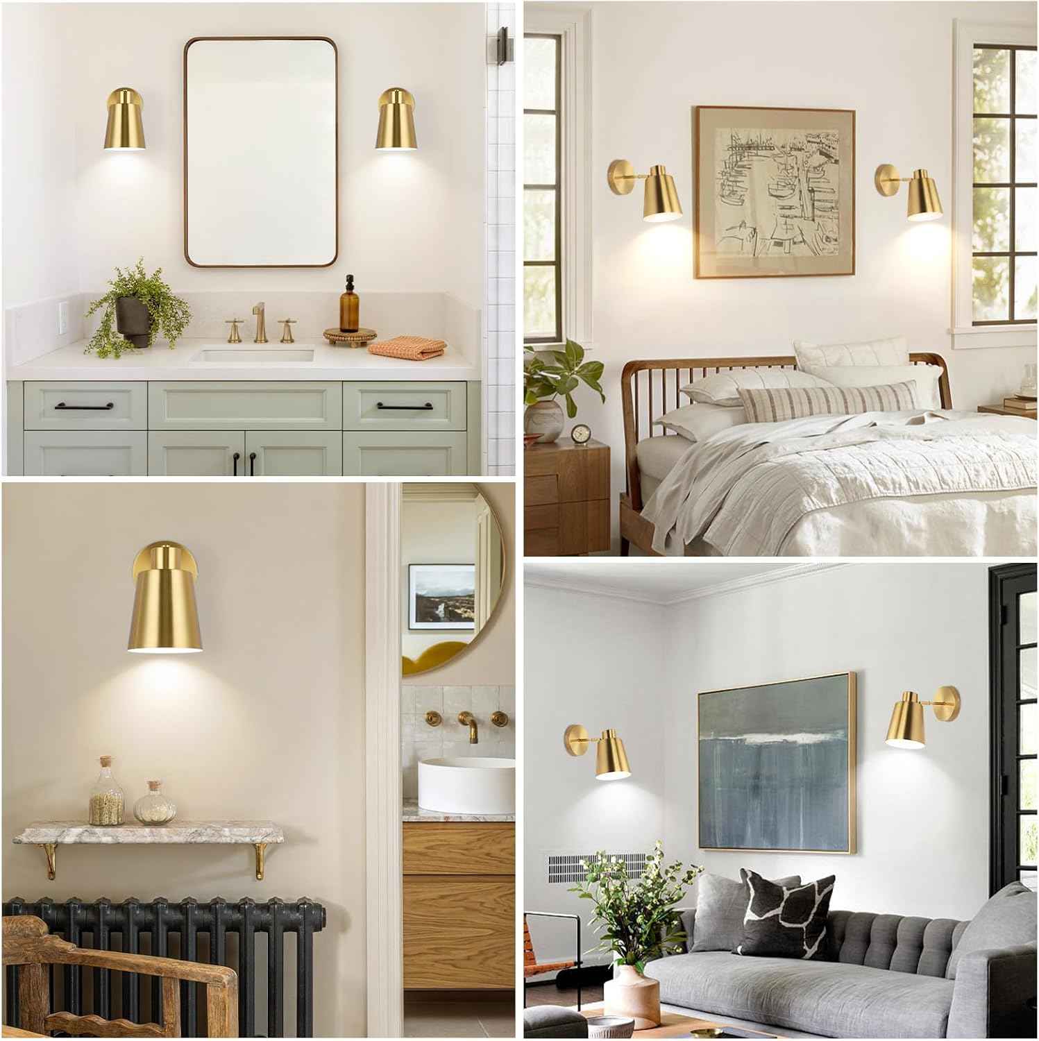 Battery Operated Wall Sconce Set of 2 - Modern Wireless Vintage Black & Gold Lamps with Remote Control for Living Room & Bathroom