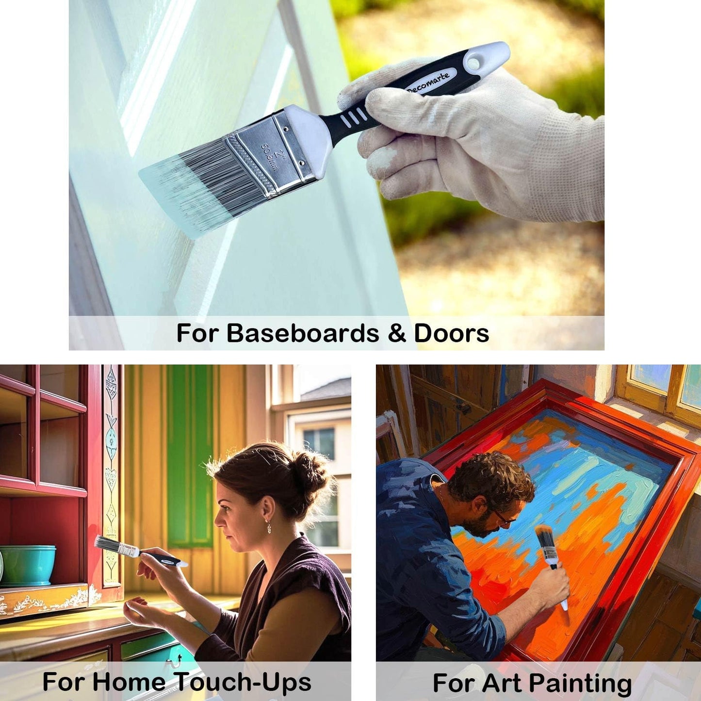 Decomarte Paint Brush Set for Painting Cabinets, Small Fence Wall Stain Brushes Assortment, Smooth Synthetic Short Bristle Paintbrushes with Soft Grips – Double Thick Chip Brush Variety- Pack of 5