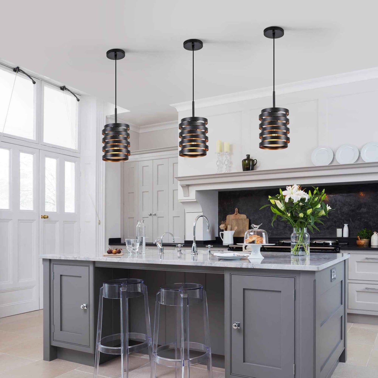 CNRATYE Modern Farmhouse Pendant Lights Kitchen Island, Industrial Multiple Rings Hanging Pendant Light Fixtures for Sink Bar Entrance Bathroom Hallway, Black with Gold Interior