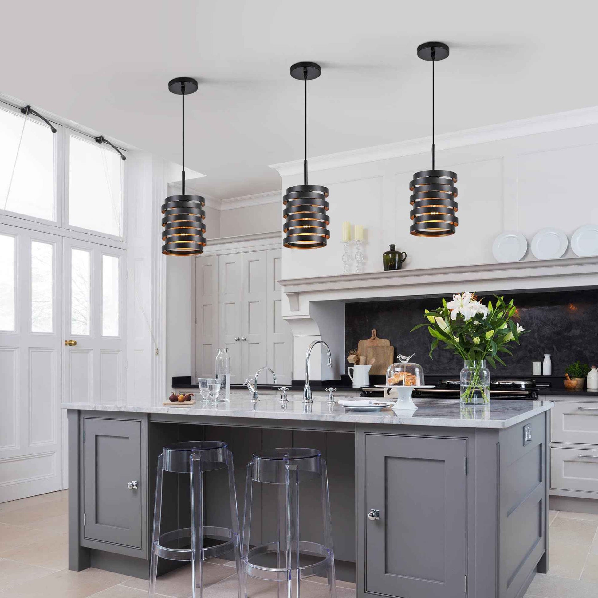 CNRATYE Modern Farmhouse Pendant Lights Kitchen Island, Industrial Multiple Rings Hanging Pendant Light Fixtures for Sink Bar Entrance Bathroom Hallway, Black with Gold Interior