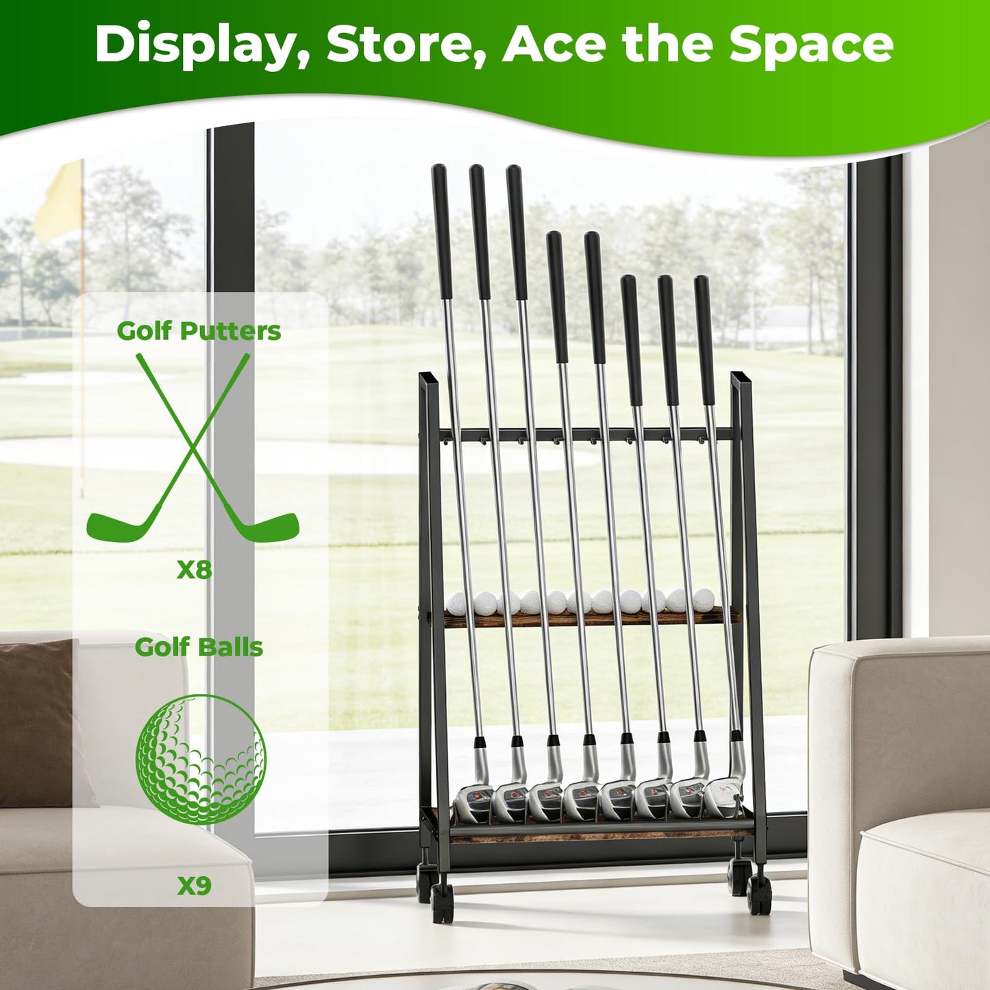 DEMEGA Golf Club Stand with Wheels, 8 Golf Club Holder & 9 Ball Rack, Matte Black Iron & Natural Wood Board Golf Club Organizer, Portable Golf Storage Rack for Garage Home Office Indoor Display