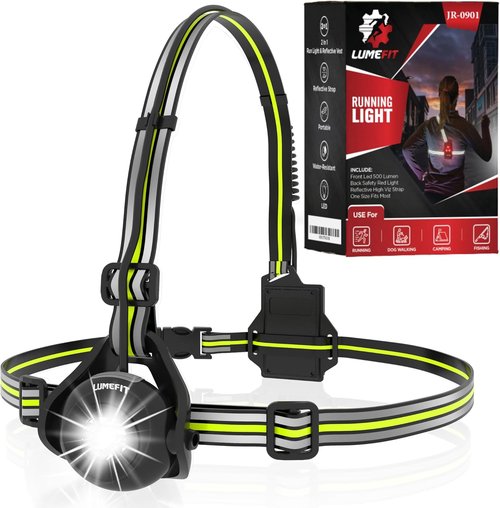 LUMEFIT Running Lights - Adjustable LED Chest Light with Yellow Reflective Vest for Night Safety | Rechargeable Jogging Gear