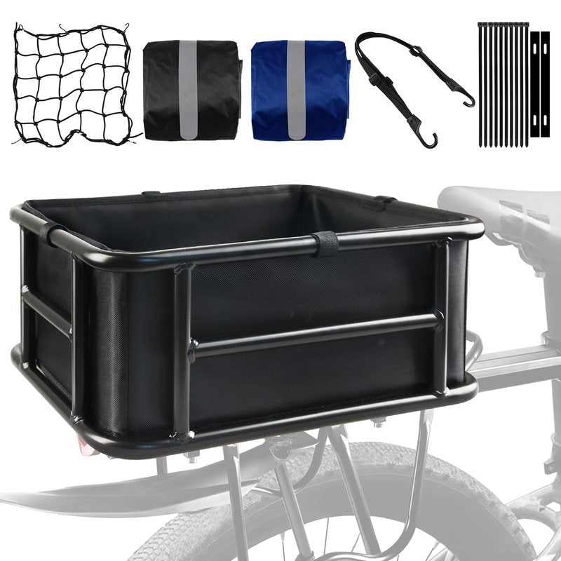 Rear Rack Bike Basket, Large Rear Bike Basket with Liners & Cargo Net & 2 Rain Covers, Heavy Duty Metal Bicycle Basket for Bicycle, Ebike, Electric Bike