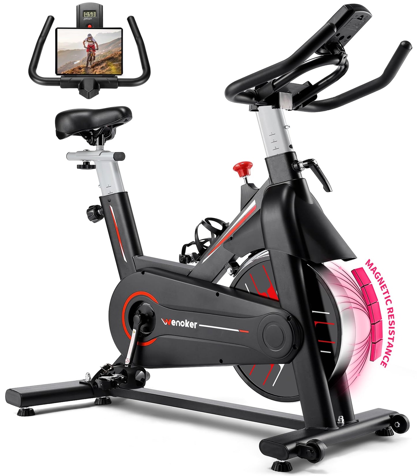 Exercise Bike, Wenoker Magnetic Resistance Stationary Bike for Home App Sync Indoor Bike with 350lbs Weight Capacity, Tablet Holder and Fitness Courses for Weight Loss[Black Red]