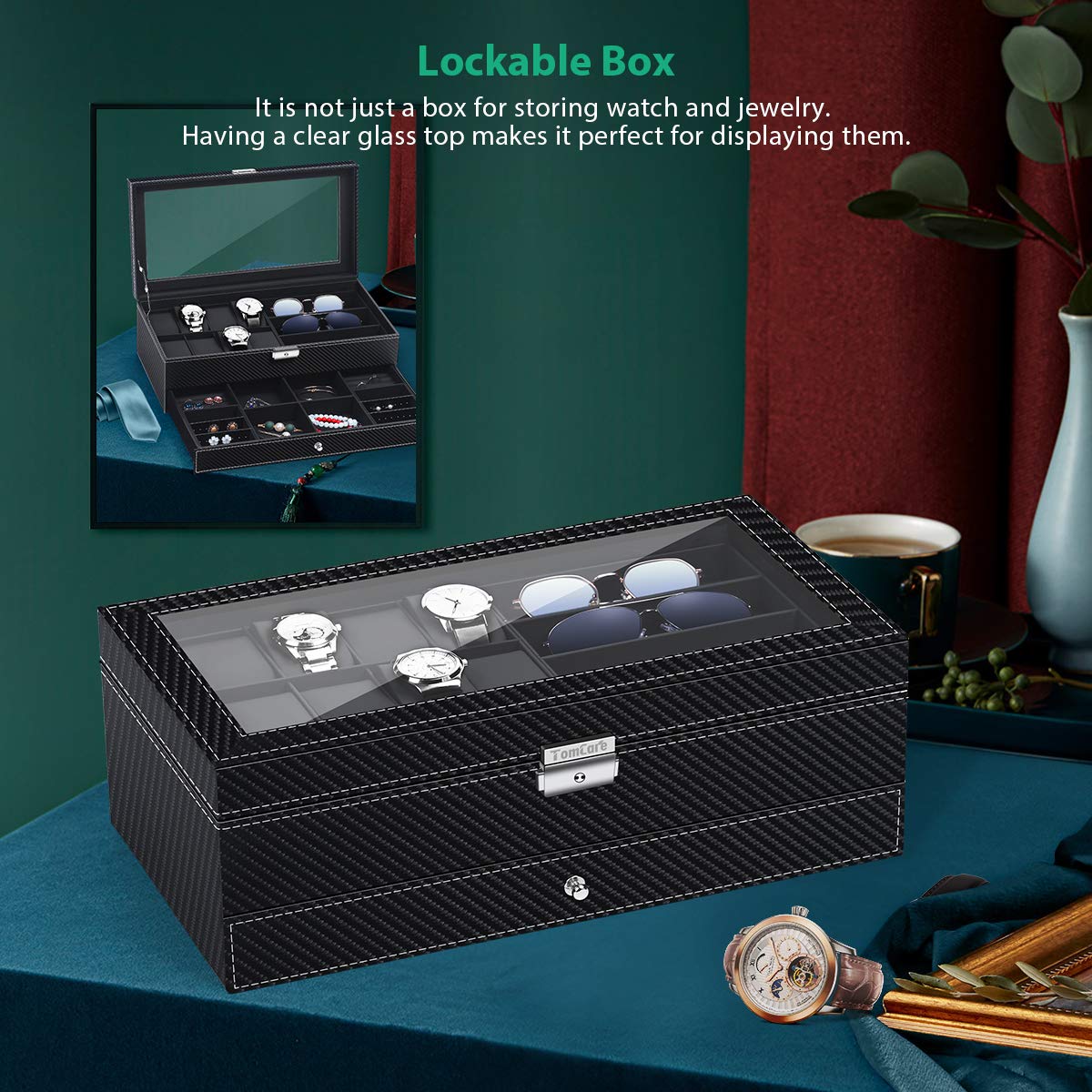TomCare Watch Box Watch Case Watch Holder Organizer Jewelry Case Drawer Sunglasses Display Box Storage Earrings Storage Organizer Lockable with Glass Top and PU Leather for Men Women (All Black)