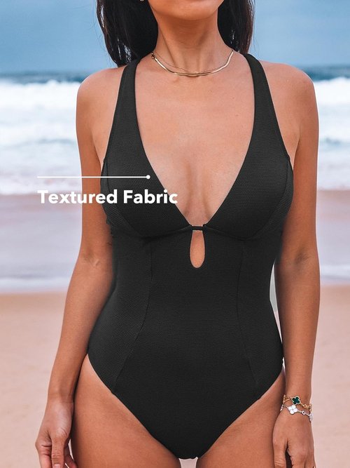 CUPSHE Women's One Piece Swimsuit - Deep V Neck Keyhole Cutout Design | Textured Bathing Suit