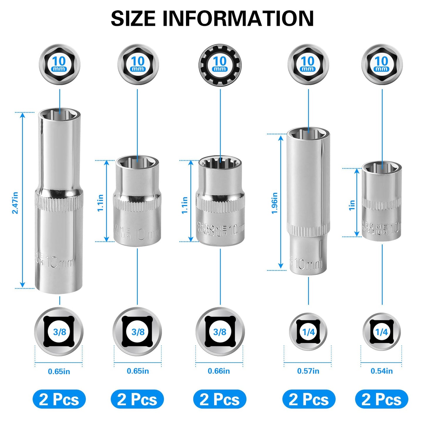 [10-Piece] 10mm Socket Set, 1/4-Inch & 3/8-Inch Drive Impact Socket, 6-Point & 12-Point, Deep and Shallow, Mirror Chrome Finish