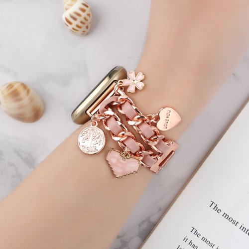 REALSIGN Stylish Band Compatible with Fitbit Versa 3 Bands/Versa 4/Sense 2/Sense Bands for Women,Metal Cuban Chain with Unique Flower Love Pendants Charms Dressy Strap(Flower Rose Gold)