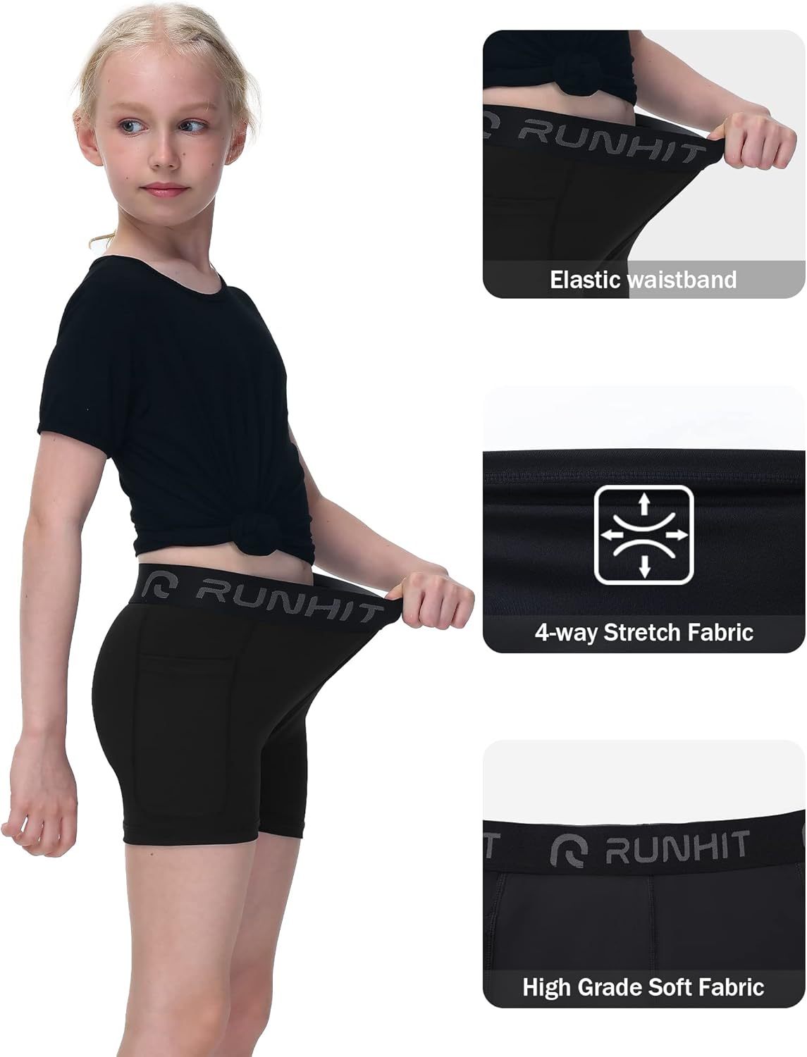 Runhit 4" Youth Girls Volleyball Shorts - Compression Spandex Biker Shorts with Pockets for Dance & Gymnastics