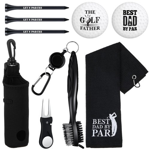 Realspring 9 Pcs Golf Accessories Kit Golf Club Cleaning Kit Include Microfiber Towel, Cleaner Brush, Ball and Tee Holder, Divot Repair Tool, Ball Bag with Hook for Men Women Gifts(Black,Classic)