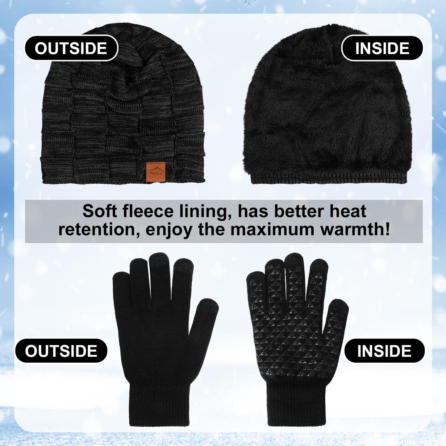 Geyoga 4 Pack Winter Hats for Men Beanie and Gloves Set, Winter Slouchy Beanie Hat Warm Gloves Lined Knit Thick(Black, Sapphire Blue, Cyan)