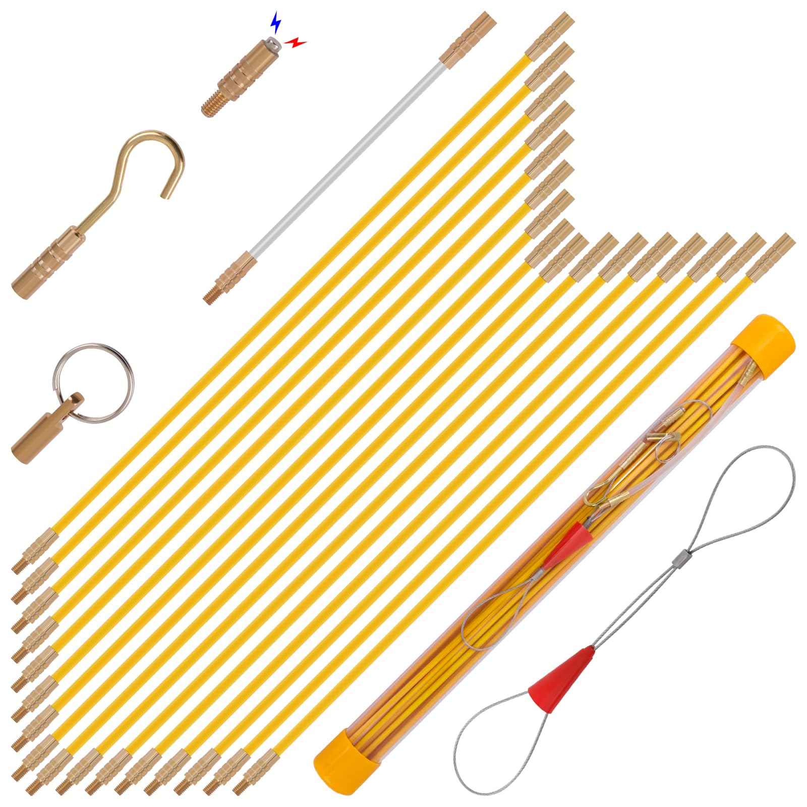 Boeray 22FT Fiberglass Running Electrical Wire Cable Pulling Fish Tape kit in a Carrying Case Through Wall Cable Snake Rods Electrical Tools Kit with Different Attachments