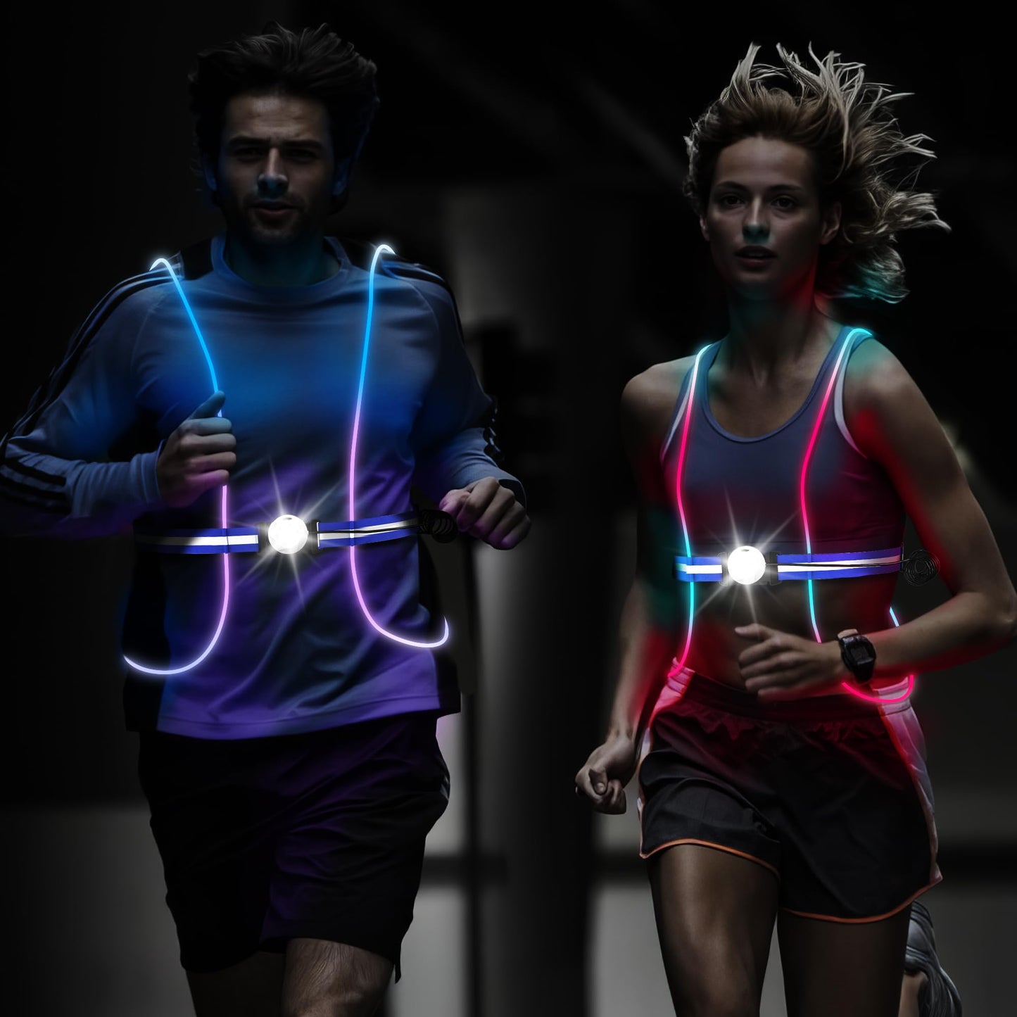 QiMH Led Reflective Vest Lights, Runners Lights with Front Light Safety USB Rechargeable Reflective Night Lights for Men Women Running Walking Cycling, 3 Lighting Modes, 7 Colors