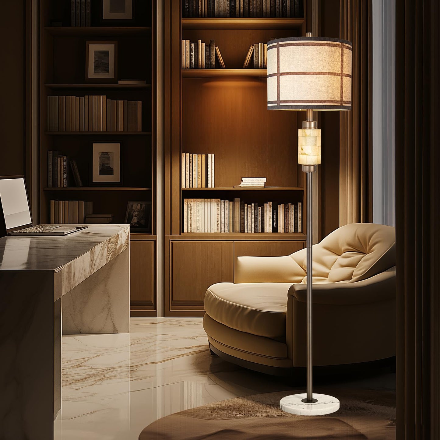 KIVDITZO Natural Alabaster Floor Lamp, Lamps for Bedroom, Tall Lamp with Night Light, Marble Base, Linen Shade,Living Room Lamp, Standing Lamp for Living Room Bedroom Office - Brown (Bulb Included)