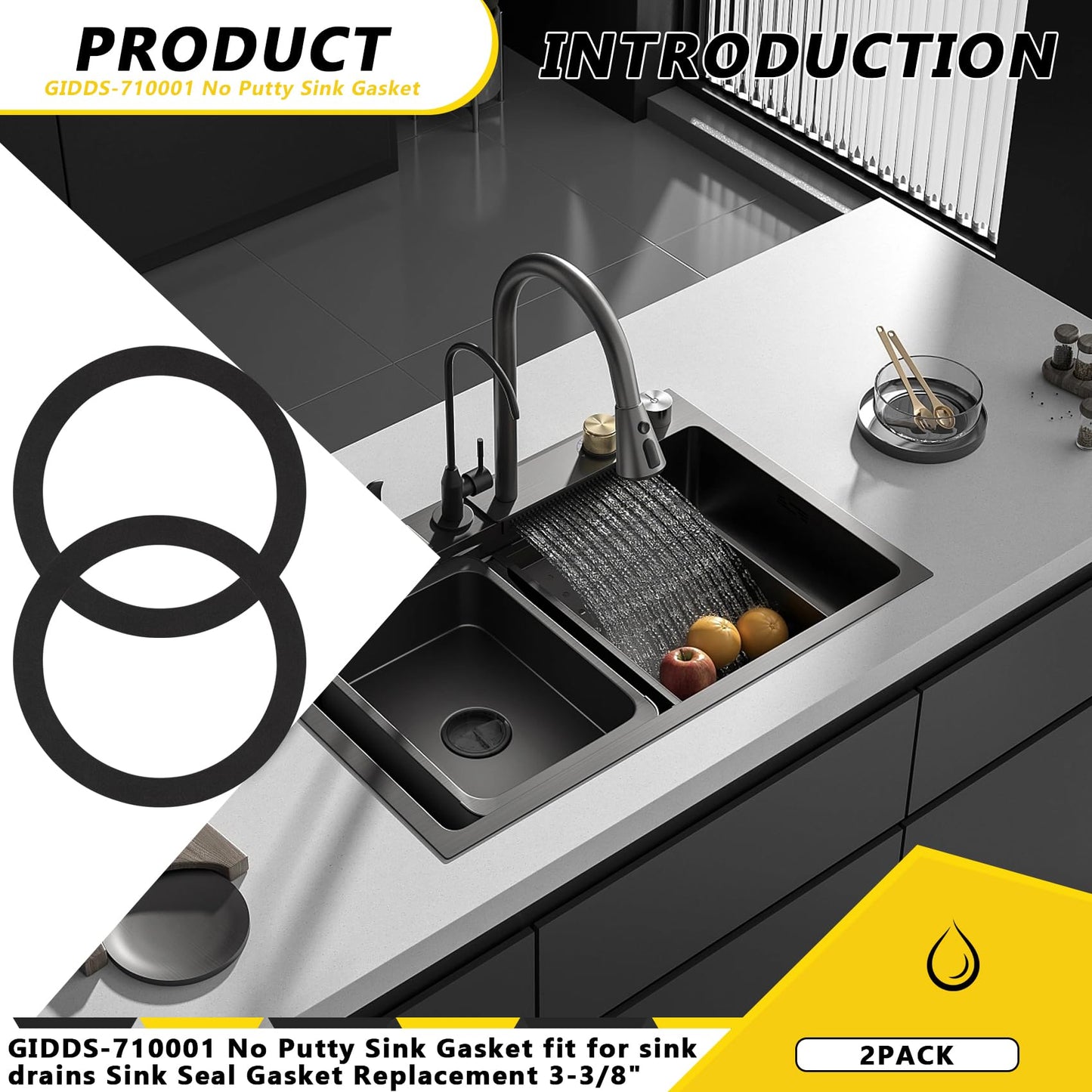 GIDDS-710001 plumbers putty for sink drain,No Putty Sink Gasket 3-3/8", Fits all standard drain attachments,kitchen sink drain gasket seal (2pack）