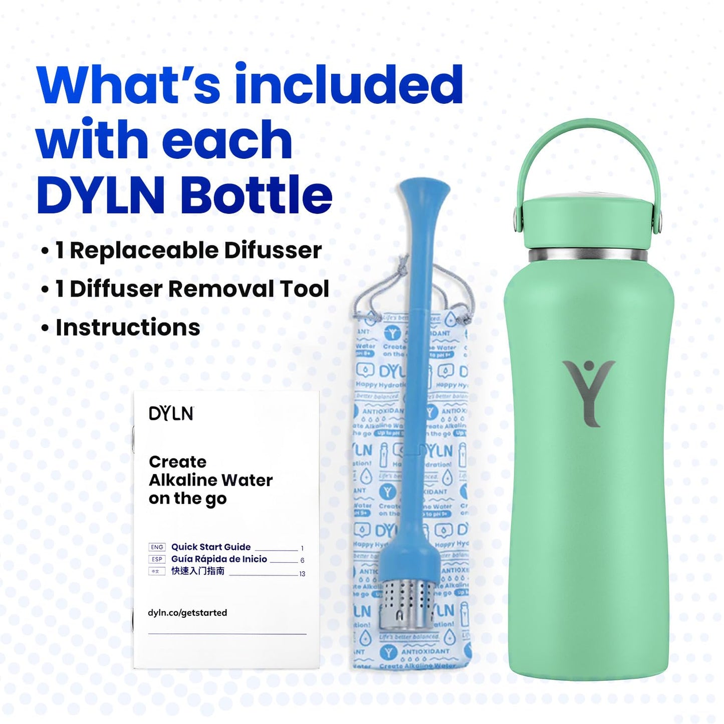 DYLN Hydrogen Water Bottle | Create Hydrating Alkaline Hydrogen-Rich Water Up to 9 pH | Vacuum Insulated Stainless Steel Water Bottle | Keeps Water Cold for 24 Hours | 25 oz, Mint
