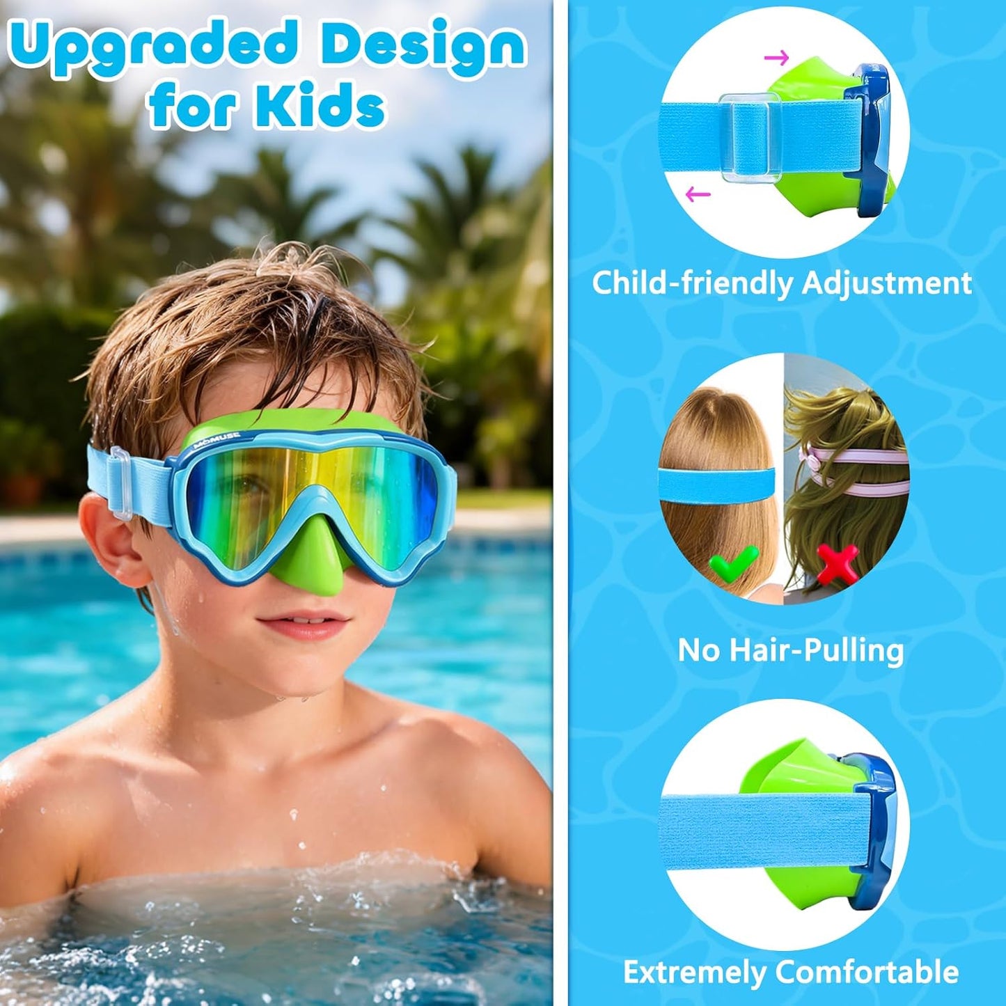 MOMUSE Kids Swim Goggles - Soft Fabric Strap, 3D No-Leak Design & UV Protection for Ages 3-14