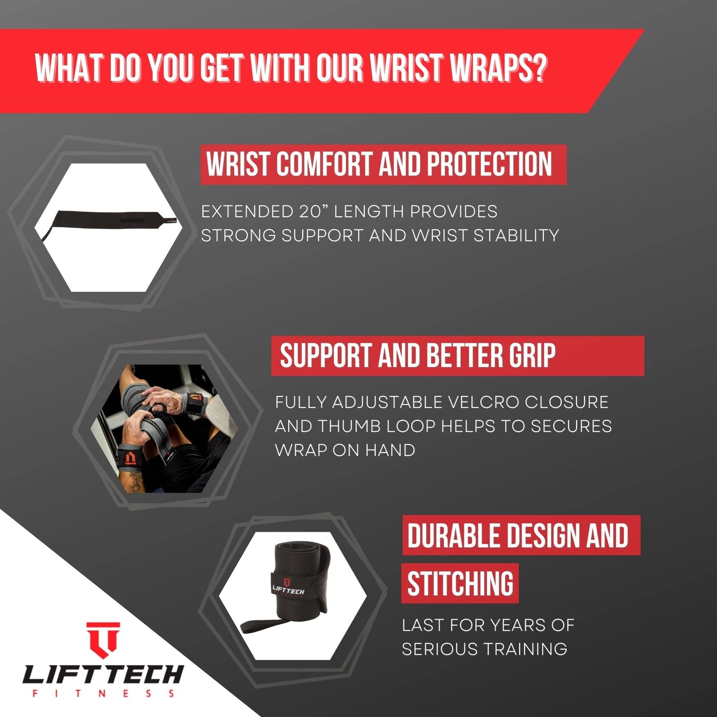 Lift Tech Fitness PRO 20'' Lifting Wrist Wraps - Black Wrist Wraps For Weightlifting Men and Women Suitable - Thumb Loop Wrist Straps for Powerlifting, Strength Training - Pair of 2, Black