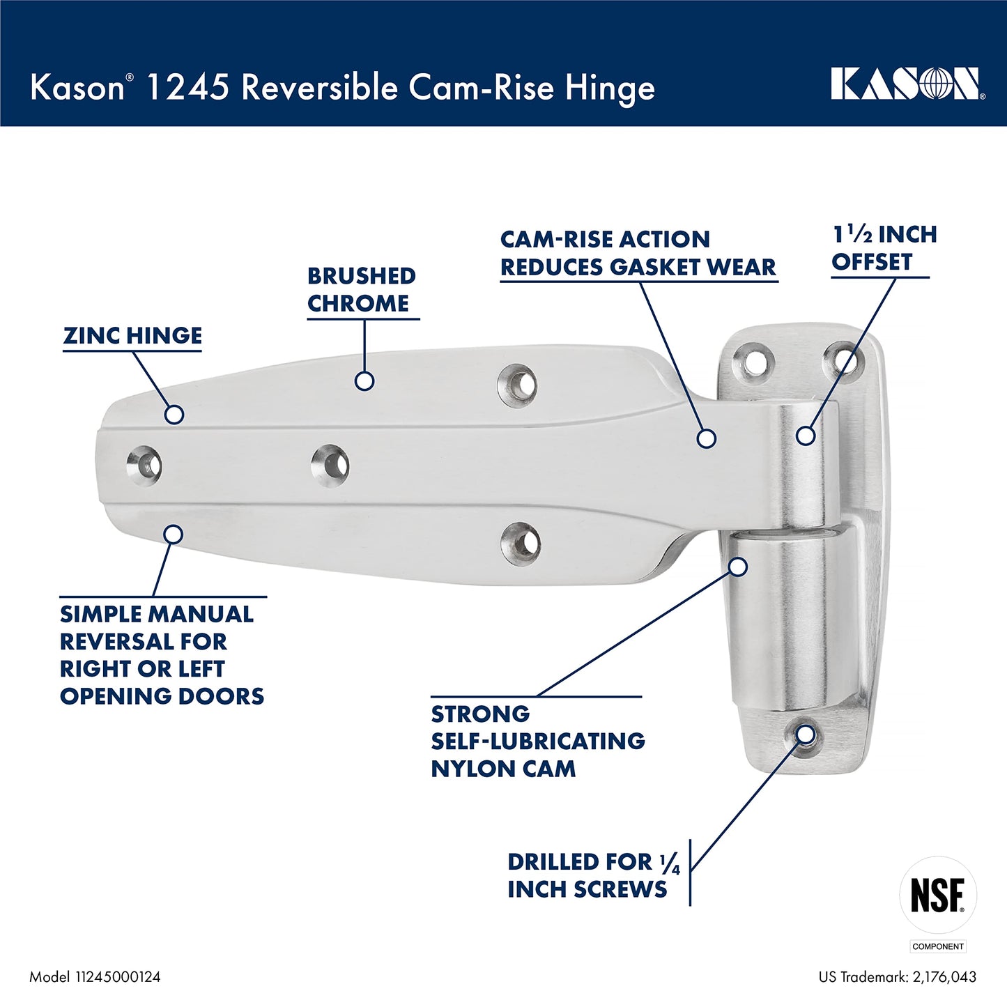 Kason 1245 Reversible Cam-Rise Hinge, 1-1/2 Inch Offset, Brushed Chrome Finish, 11245000124