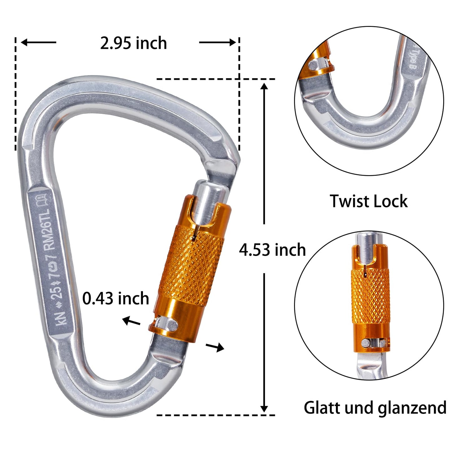RESQT 25KN Auto Locking Climbing Carabiner Clips, Heavy Duty Climbing Carabiners Twist Lock, for Rock Climbing, Camping, Rappelling, Hunting, Rescue Equipment (25KN-5Pcs)
