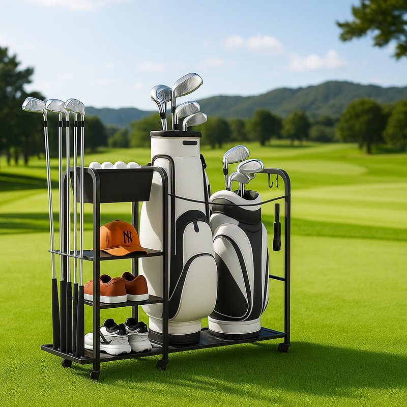 niffgaff Golf Bag Organizer Golfing Storage Stand for Garage Fits for 2 Golf Bags Golfing Rack with Wheels Black