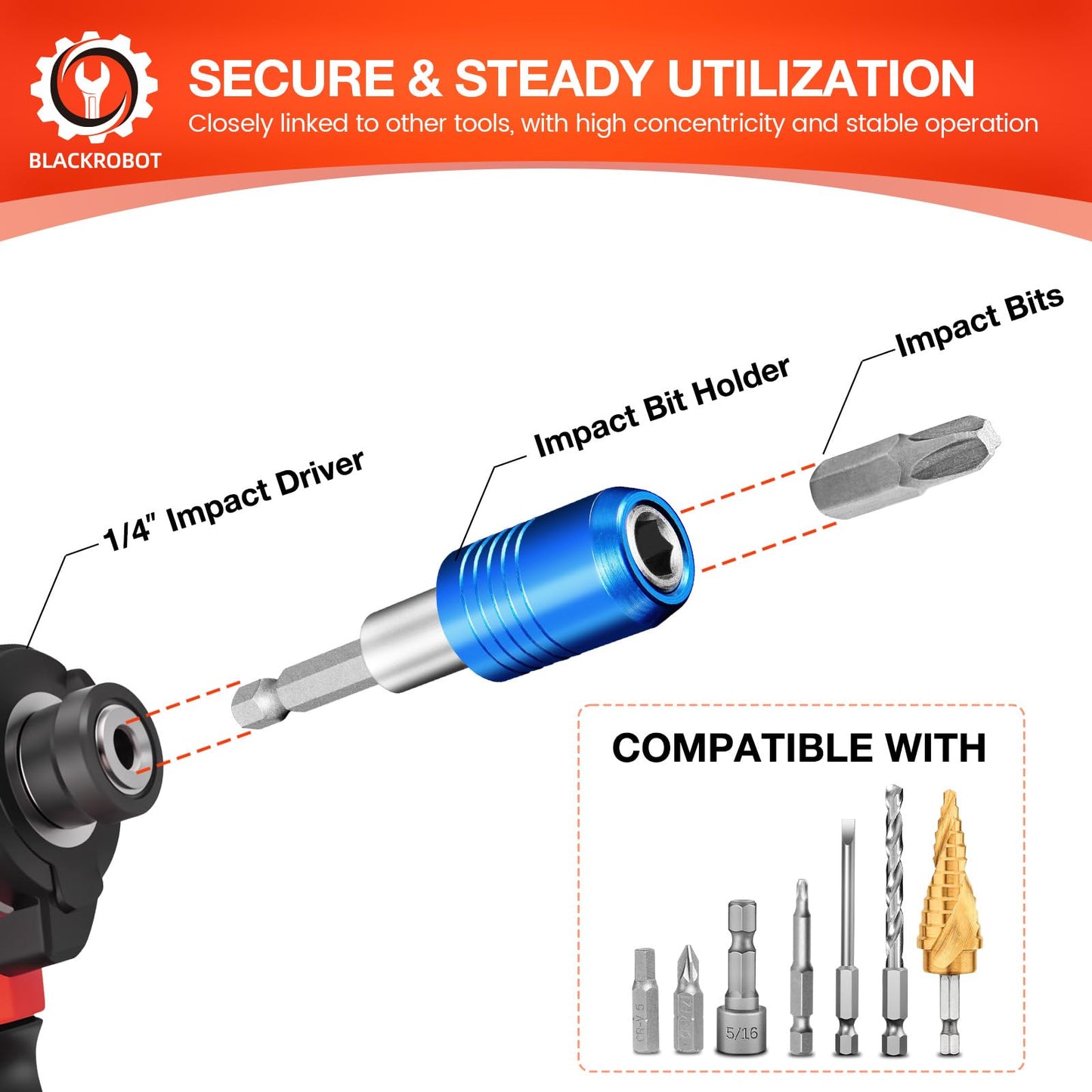 BLACKROBOT 3-Piece Magnetic Quick Change Impact Bit Holder, Drill Bit Extension for 1/4" Hex Drives, 2.5/4/6 Inch Length, Ideal for Screwdriver Bits, Nuts, Drills and Socket Driver Adapters