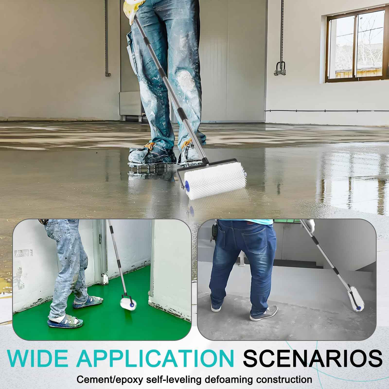 Spiked Roller for Self Leveling,9” Floor Leveling Spiked Roller for Self Leveling Concrete & Epoxy Bubble Removal - Adjustable Handle (34-77in) Lightweight Durable Screed Tool for Cement, Paint