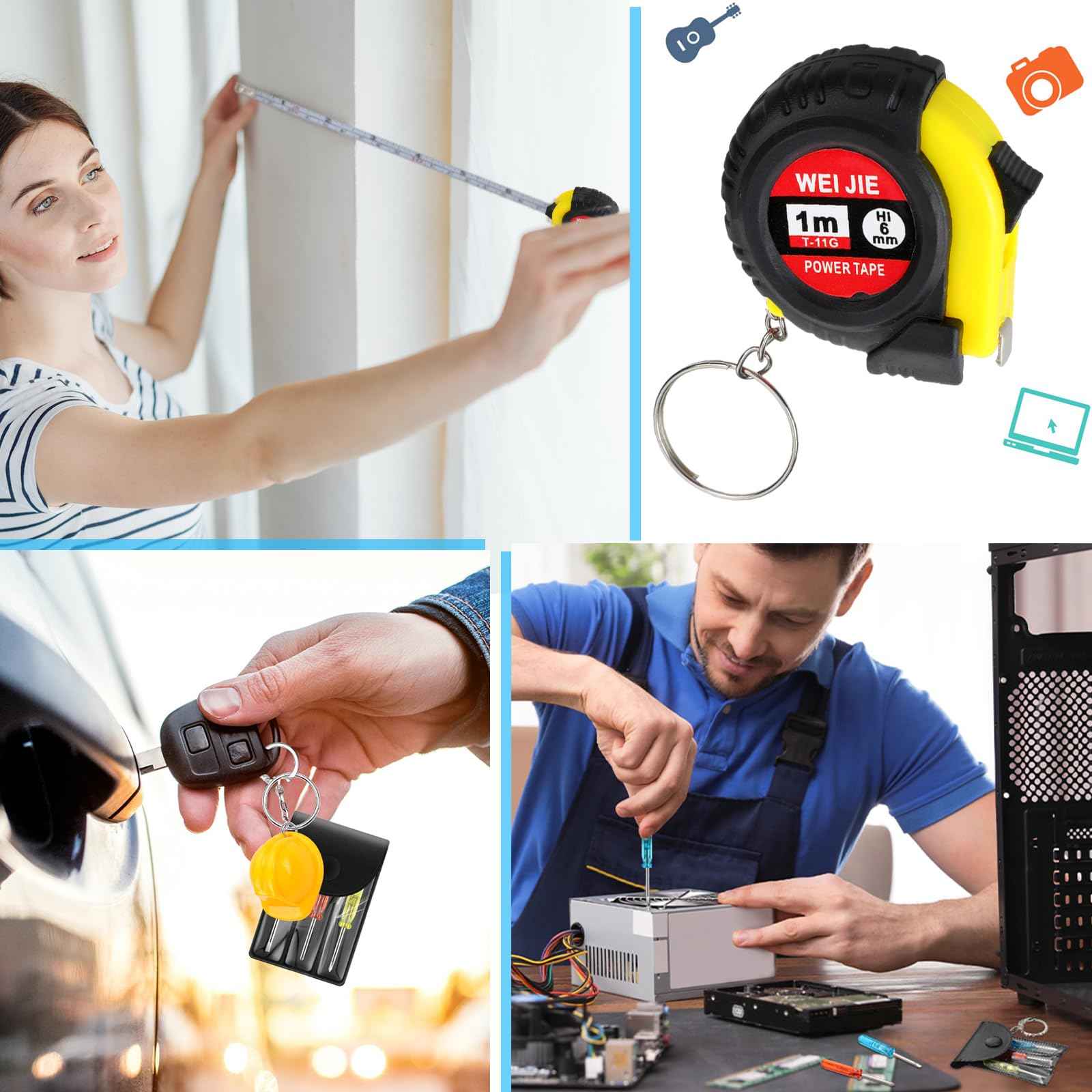 Jutom 144 Pcs Mini Construction Helmet Keychains Tape Measure Screwdriver Bulk for Men Adult Party Favors Tool Christmas Gifts