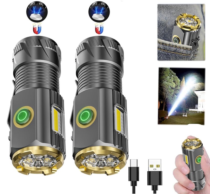 Rechargeable mini LED Flashlight, 9000 lumens Ultra Bright Small Flashlight, with Clip and Magnet, IPX6 Waterproof, 6 Modes, Suitable for Camping, Hiking, and Emergency situations (2-Piece Set)