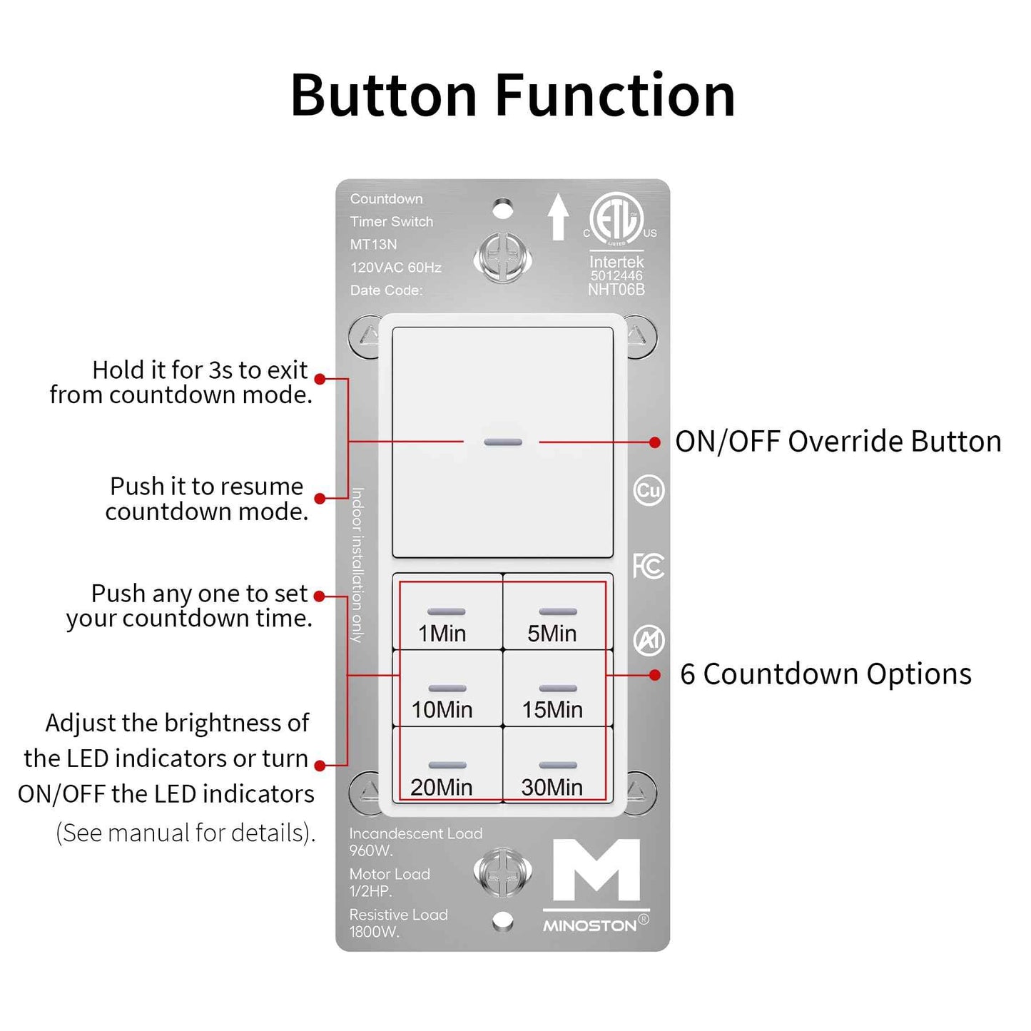 Minoston Countdown Timer Switch with Dimmable Indicator, 30 Min Wall Bath Fan Timer Switch for Bathroom Exhaust Fan and Light, 1-5-10-15-20-30 Minute, Neutral Wire Required, 120V, White (MT13N)