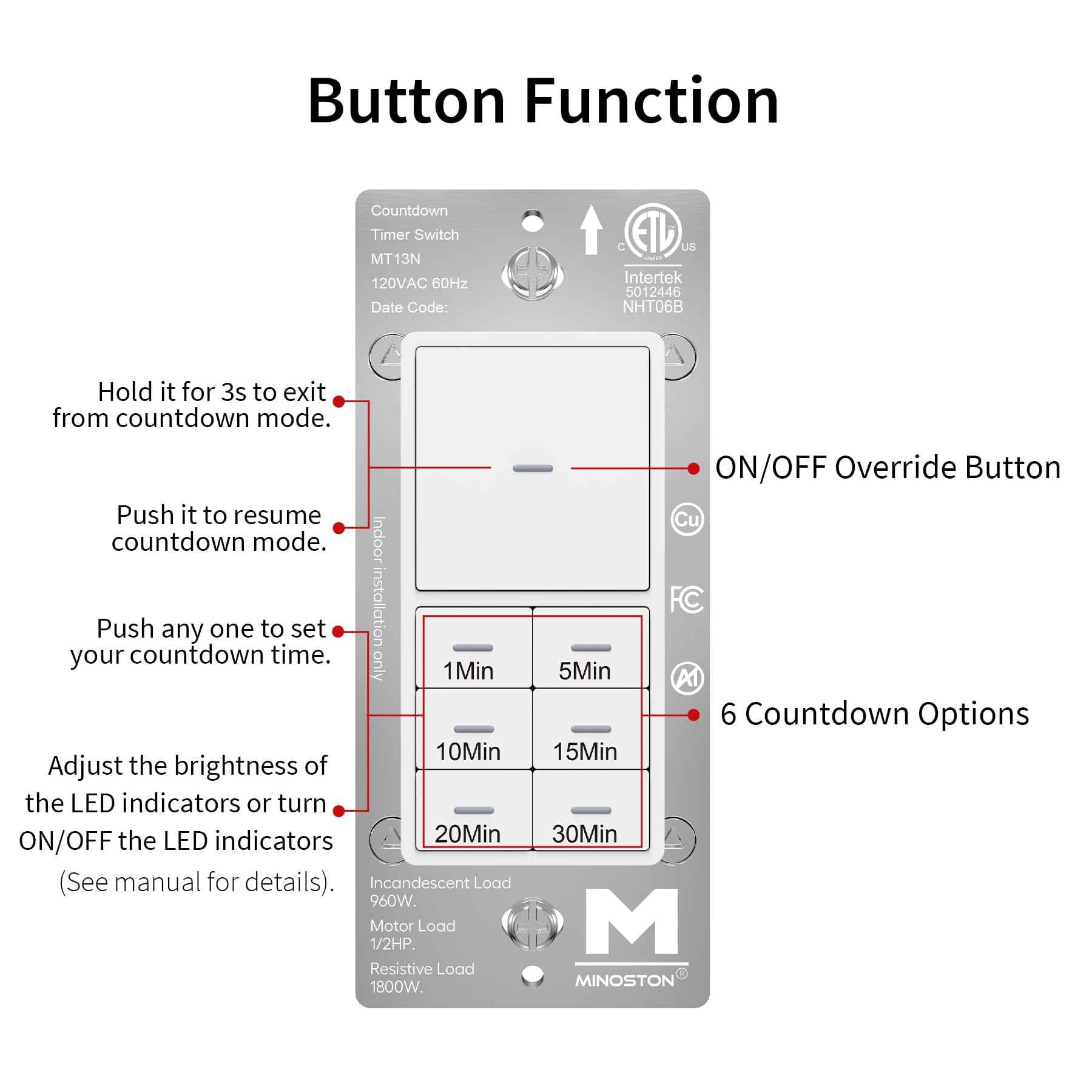 Minoston Countdown Timer Switch with Dimmable Indicator, 30 Min Wall Bath Fan Timer Switch for Bathroom Exhaust Fan and Light, 1-5-10-15-20-30 Minute, Neutral Wire Required, 120V, White (MT13N)