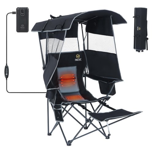 Nice C Chair with Canopy, Heated Camping Chair with Battery, Outdoor Sports Chairs with Shade, Heated Folding Umbrella Lawn Chairs, with Removable Footrest (1-Pack)