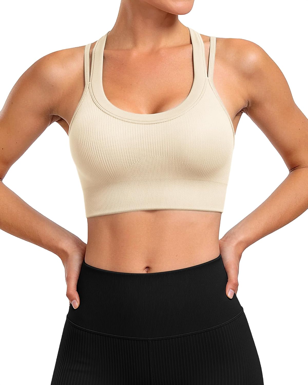 WANAYOU High Support Sports Bras for Women - Ribbed Strappy Design | Padded Criss Cross Back - 3 Pack