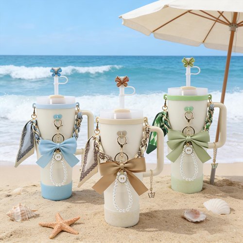 Stanley Cup Accessories Set for 40oz & 30oz Tumbler including Water Bottle Handle Strap、Bow Keychain、Cup Ring、Bling Silicone Boots、Butterfly Straw Topper、Charm Chain Accessories for Stanley Cup(Black)
