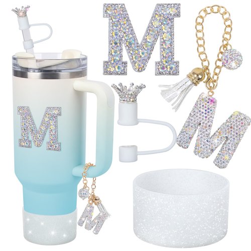 LA KEN DU Letter Charms for Stanley Cup Handle,Silicone Boot Accessories Charms for Stanley Cup 40oz 30oz,Crown Straw Cover Topper & Diamond Sticker (M)