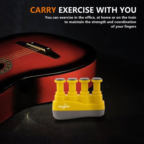 Hand exerciser - Improves finger, hand, and forearm flexibility and strength - Adjustable tension for each finger - Simulates guitar strings to help build calluses - Comfortable workout - Yellow and gray