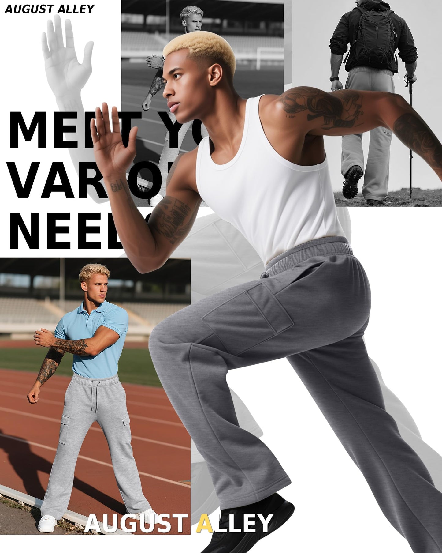 August Alley 3 Pack Men's Cargo Sweatpants Drawstring Thin Straight Leg Pants Casual Baggy Open Bottom Jogger with Pockets(Gray, Light Gray, Black,Medium)