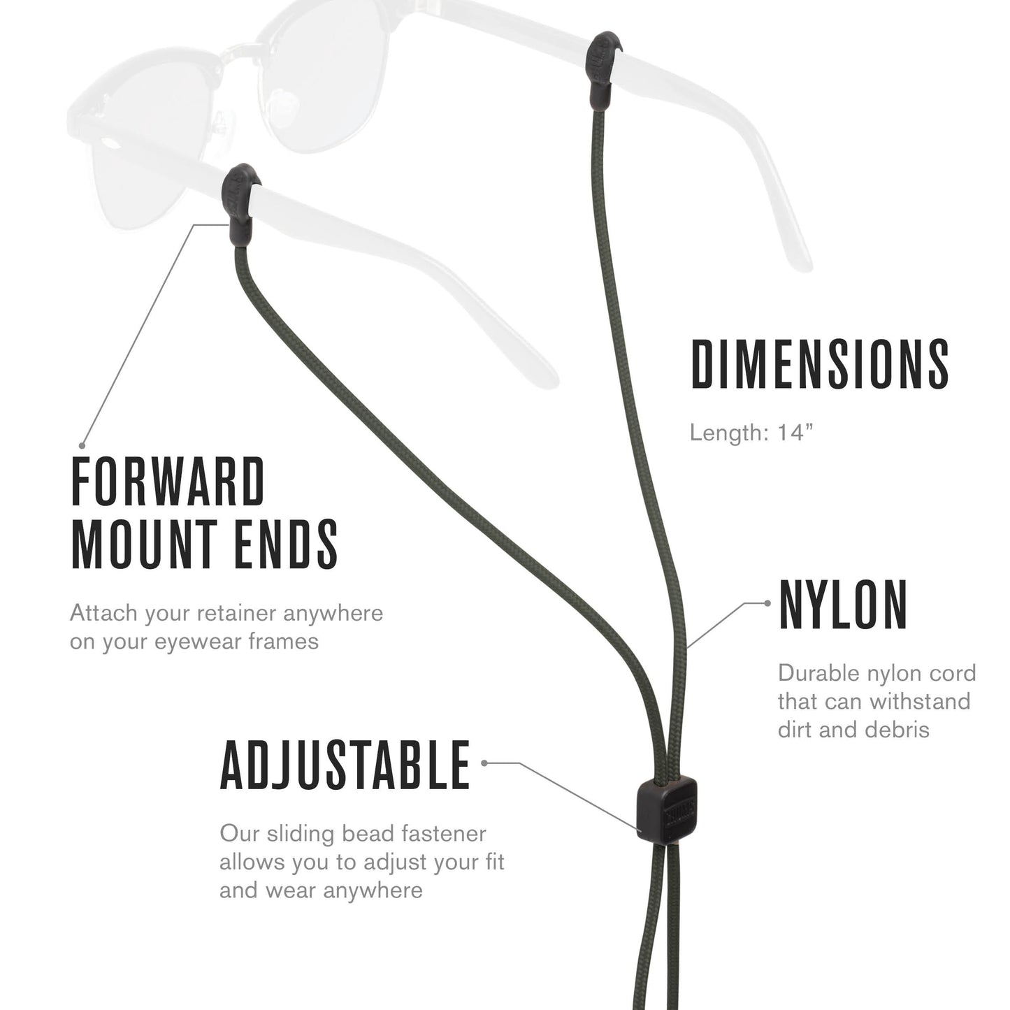 Chums Slip Fit Rope Glasses Retainer - Unisex Adjustable Eyewear Holder Sunglasses Strap (Black/Silver)