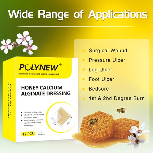 Polynew Manuka Honey Calcium Alginate Dressing, 12 Individual Pack, 2"x2" Patches, Wound Dressing with Calcium Alginate, Bandages for Burns, Faster Wound Care