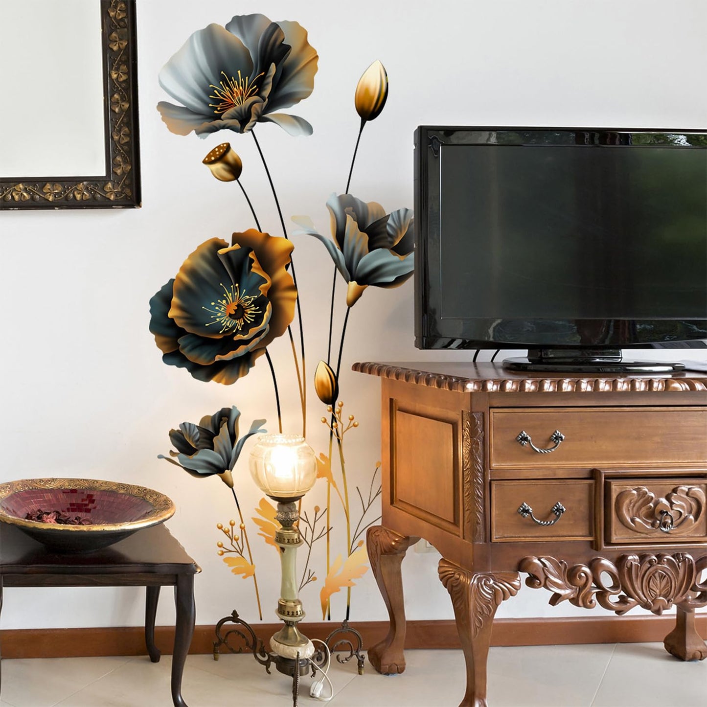 Black Gold Wall Decals 3D Flower Wall Sticker, Classical Plum Blossom Flower Decals Peel and Stick 3D Wall Art Murals for Girls Bedroom Nursery Living Room TV Home Decor