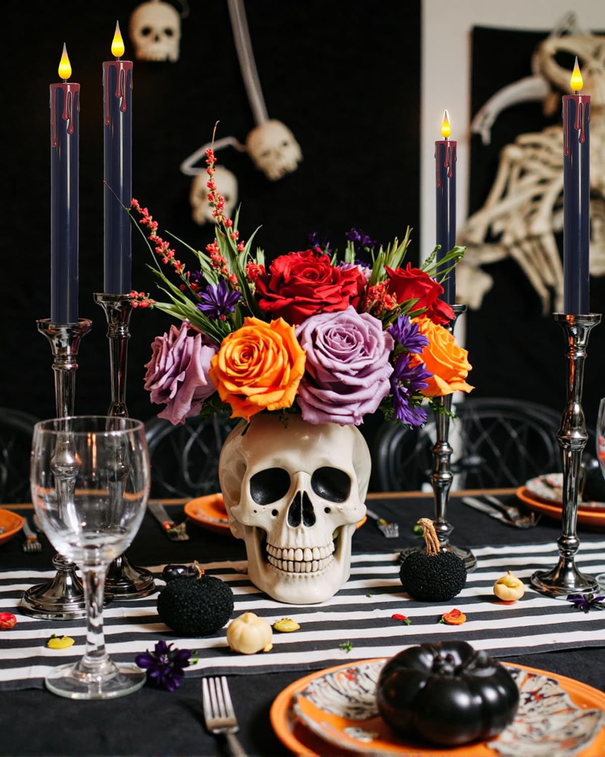 SUNGEGE Flameless Bleeding Candles – 6 Pack, Black LED Taper Candles with Red Dripping Wax Effect, 0.8 x 9.9 Inches, Includes 2 Remotes – Creepy Halloween Decor for Haunted Houses & Horror Parties