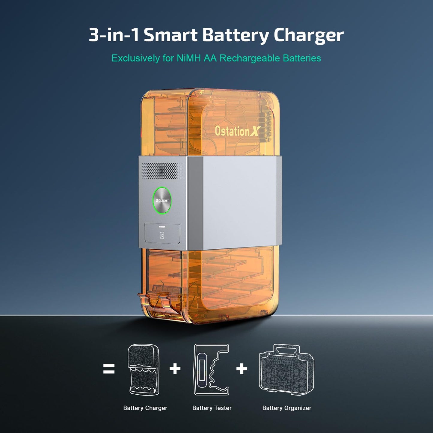 OLIGHT Ostation X Smart 32-Battery 3-in-1 AA Charger, No Polarity Checks Needed, Charges & Stores NiMH AA Rechargeable Batteries, App Control, Auto Bad Battery Removal (Batteries NOT Included)