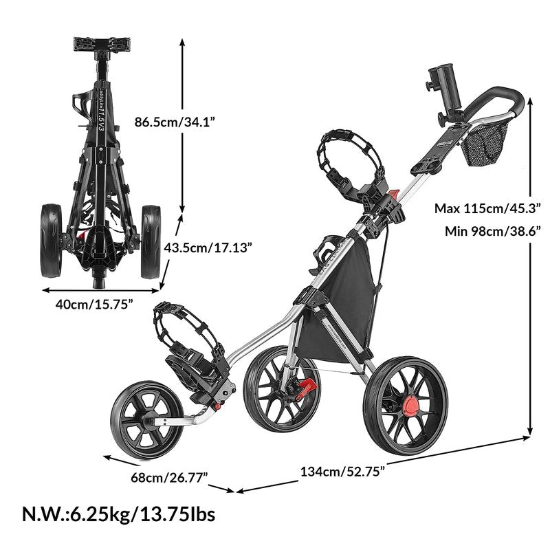 Caddytek CaddyLite 11.5 V3 3 Wheel Golf Push Cart - SuperLite Deluxe, Lightweight, Easy To Fold Caddy Cart Pushcart , Silver , 53.5 x 27 x 45"