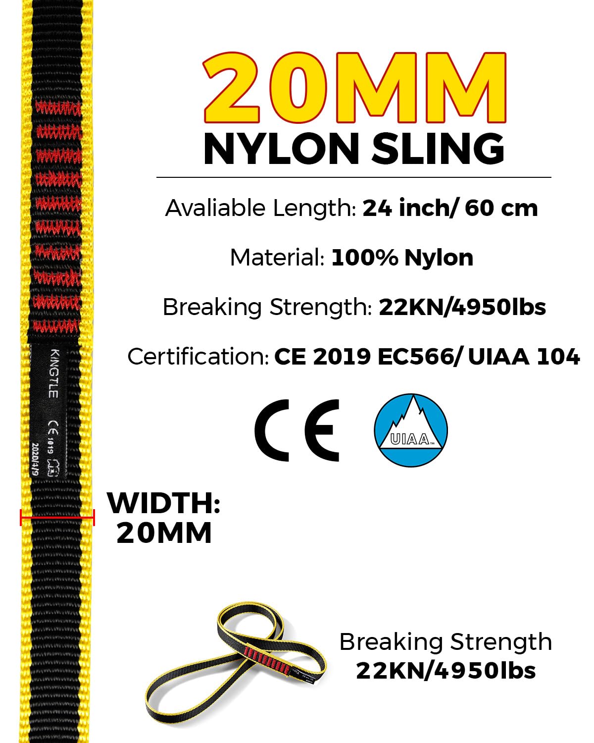 KINGTLE 20MM Nylon Climbing Sling Runner 22kN CE1019/EN566 UIAA Certified,Rock Climbing Webbing Straps for Rock Climbing,Mountaineering, Rappelling,6PCS