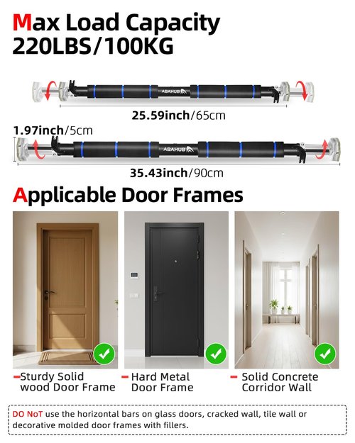 Abahub Doorway Pull-Up Bar with Safety Lock, Home Use Heavy-Duty Door Frame Pull-Up Bar for Upper Body Workout, Adjustable Strength Training Horizontal Bar Supporting Up to 220 LBS, Black-Blue