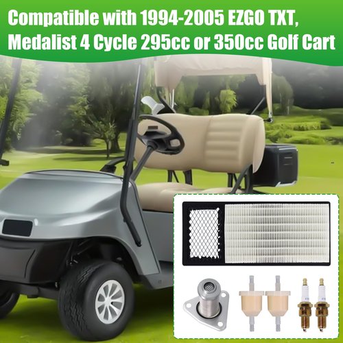 Podoy Golf Cart Tune Up Kit Compatible with EZGO TXT Medalist 4 Cycle 295cc/350cc 1994-2005 with 72368G01 Air Filter 26591G01 Oil Filter AM116304 Fuel Filter Spark Plug