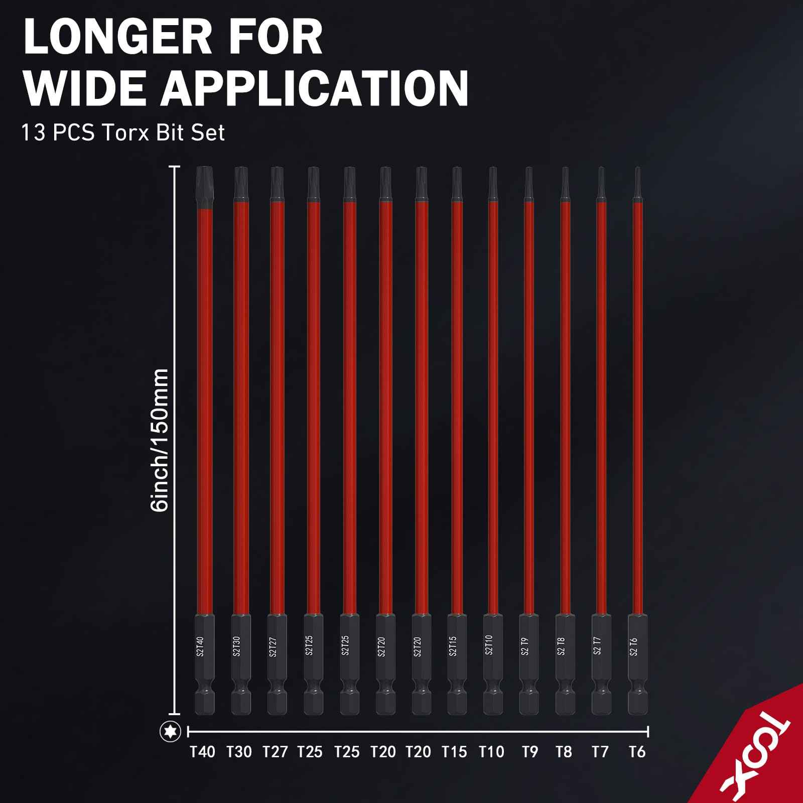 XOOL 13-Piece Long Torx Bit Set, 6-Inch (150mm), T6-T40, Magnetic S2 Steel, 1/4" Hex Shank, CNC Precision Tips for Impact Drivers, Drills, and Screwdrivers