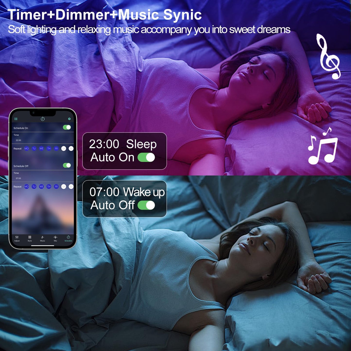 Motion Sensor LED Light Strip 19.68ft Under Bed Lights, RGB 3 Mode Motion Activated Bed Light with Music Sync and Timer, Dimmable Color Changing LED Lights